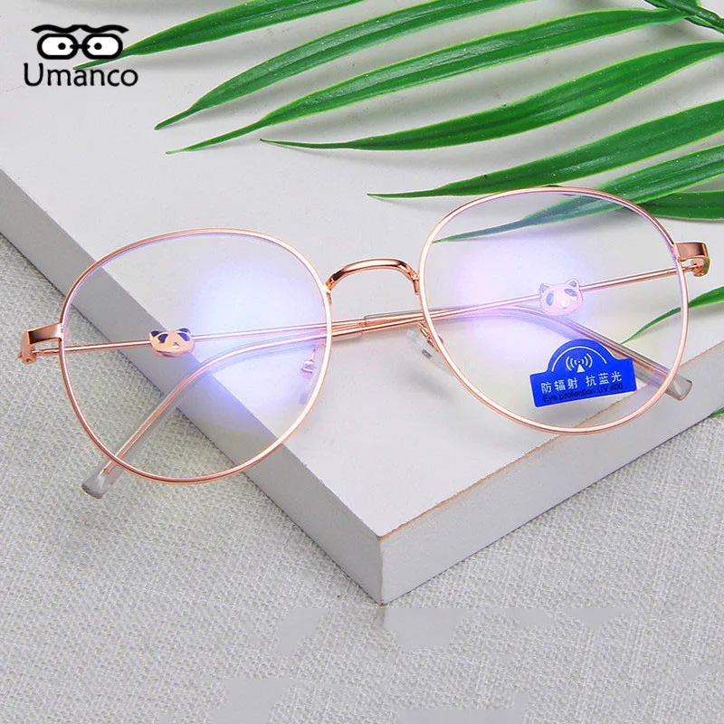 

Umanco 2019 New Fashion Panda Blue Light Round Glasses For Women Men Metal Frame AC Len Protect Eye Student Computer Gaming Gift