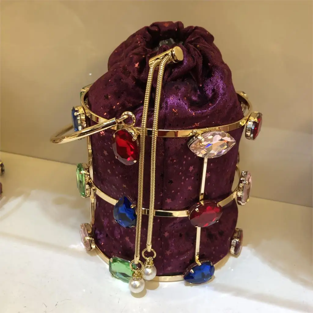 Colorful Diamond Bucket Bag Basket Evening Clutch Bags Women Hollow Out Beaded Alloy Metallic Cage Handbag Purse Ladies Dinner 