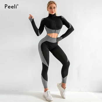 2 PC Long Sleeve Gym Cropped Top Seamless Leggings Yoga Set Workout Clothes Women Sport