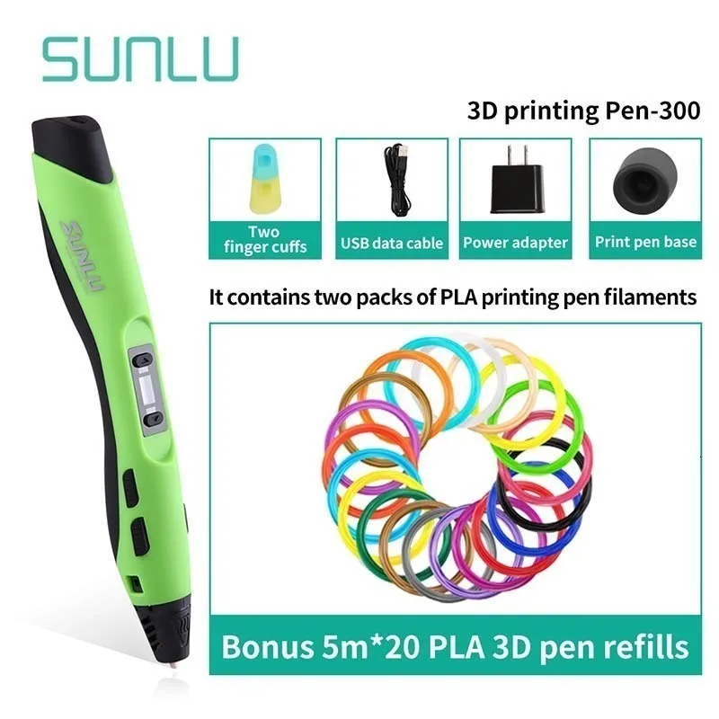 SL-300, детская 3D Ручка, зеленый цвет, SUNLU, 3D ручки для печати, для школы, для изучения интеллекта, гаджет, подарок на день рождения