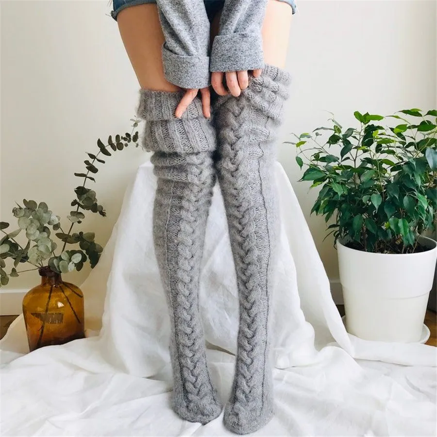 

2020 New Style Women Wool Stockings Autumn and Winter Casual Warm Fluffy Over Keen Socks Leg Warmer Solid Color