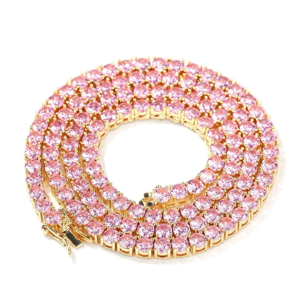 gold pink stone 4mm Cubic Zircon Tennis Lovely Iced Out Hip Hop Mens Bling Bling Pnik Stone Tennis Necklace 18inch 20inch24inch - Окраска металла: gold pink stone
