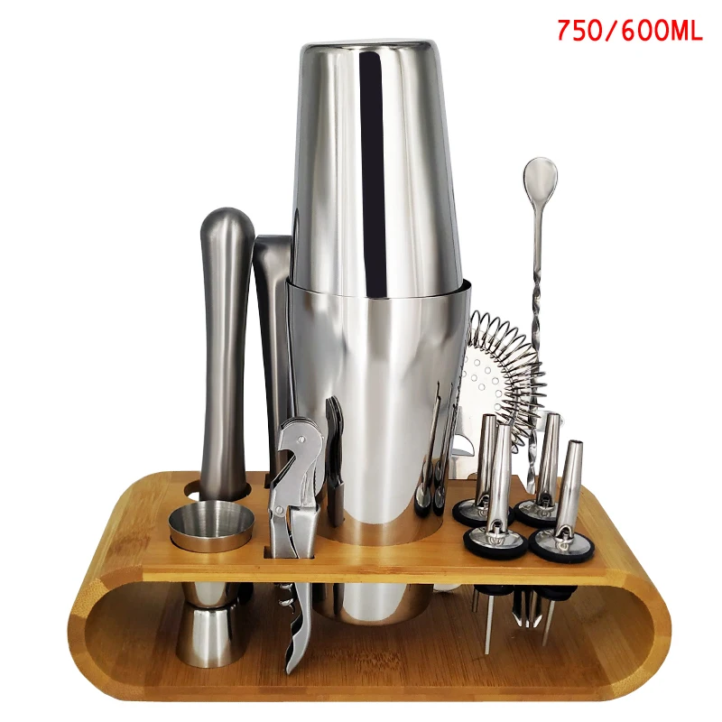 13Pcs 750 600ml 13 шт. из нержавеющей стали шейкер Бар Набор Винный Миксер для напитков шейкер Бостонского стиля вечерние барные инструменты с бамбуковой подставкой - Цвет: 13Pcs 750 600ml