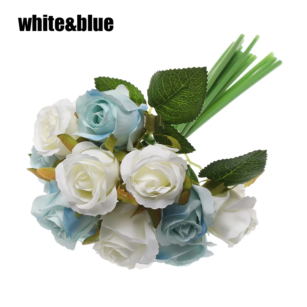white and blue 12 шт. искусственная Роза ручной работы букет декоративные шелковые цветы невесты букеты для свадебные принадлежности вечерние украшения дома - Цвет: white and blue