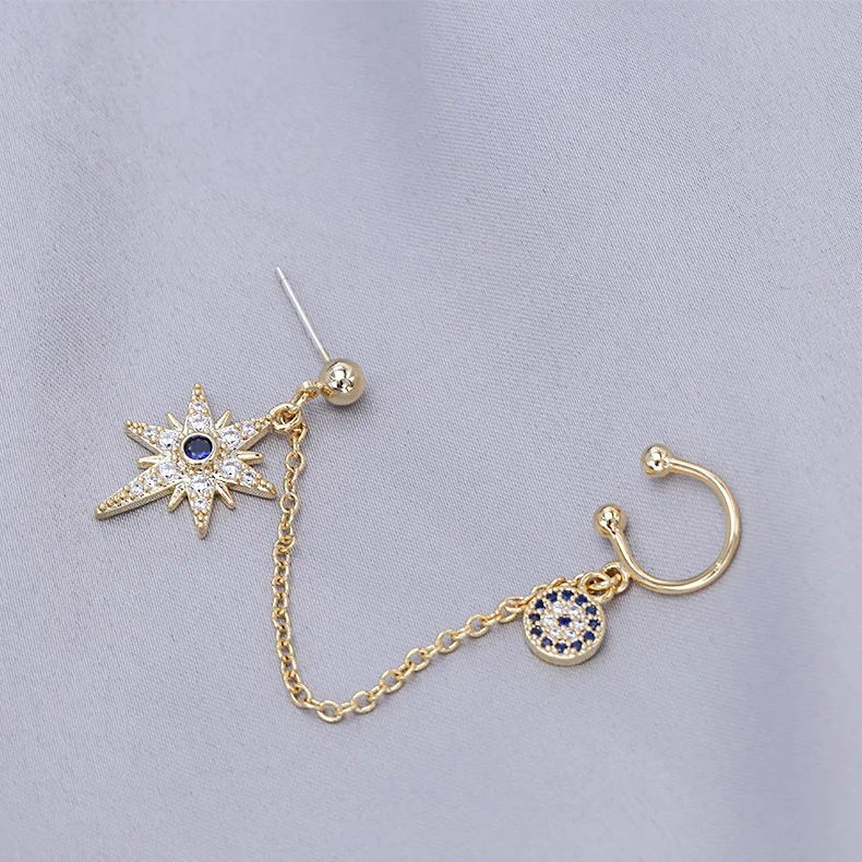 New Trend Cubic Zirconia Blue Eye And Star Asymmetric Earrings Luxury Brand Design Long Earrings For Women Fashion Jewelry