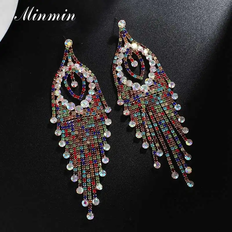 Multicolor Minmin цветные хрустальные богемные длинные кисточки свадебные серьги для женщин Серебряный цвет стразы большие серьги висюльки MEH1669 - Окраска металла: Multicolor