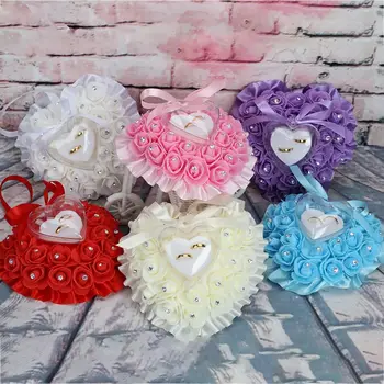 

New Romantic Heart Shape Pillow Ring With Simulation Foam Flower Wedding Box Jewelry Gift Box Wedding Party Supplies