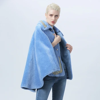 

Cloak Cashmere Wool Coat Women Open Stitch Batwing Sleeve Wool Jacket Autumn Woolen Jacket Ladies Blue Wool Coat Turndown Collar