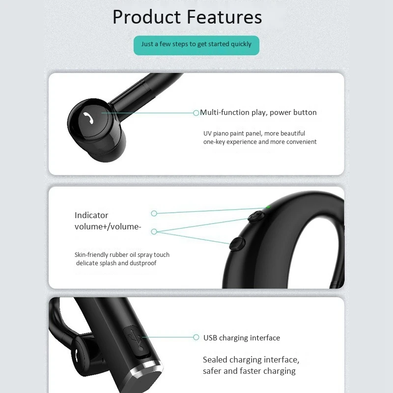 Wireless Bluetooth Earphones Stereo Headset Single Handsfree with Microphone Business Bluetooth Headphones