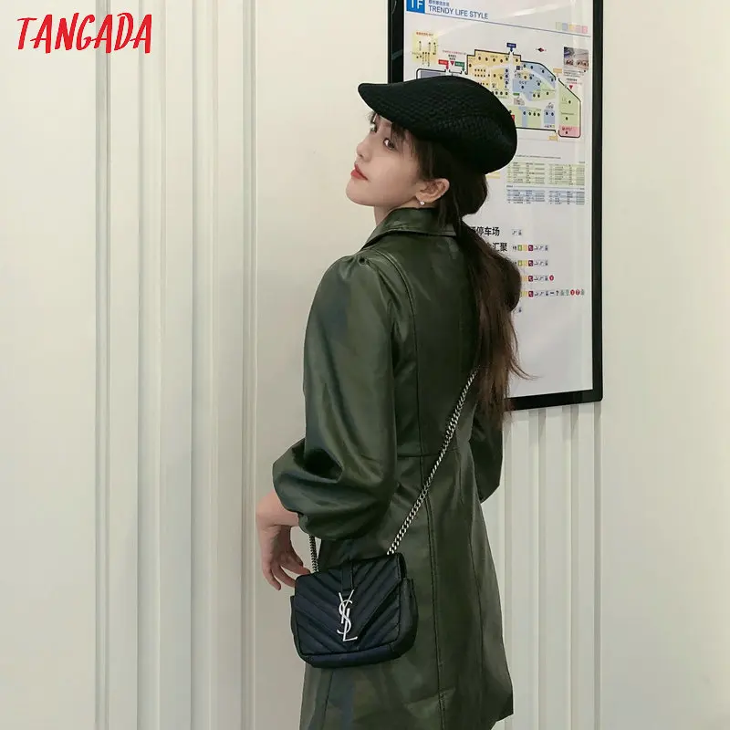 Tangada, женское зеленое мини-платье из искусственной кожи, туника, рукав три четверти, Ретро стиль, элегантное женское платье-рубашка, vestido JE81