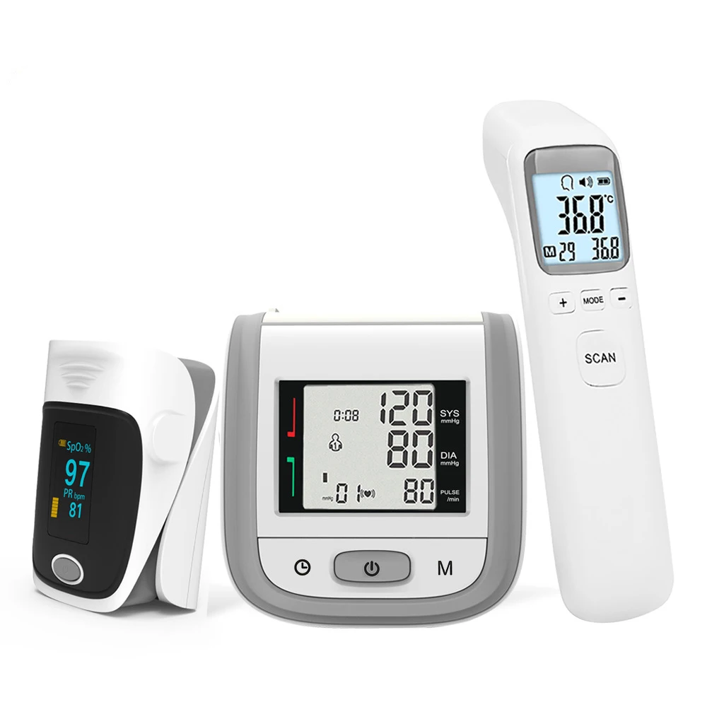 Yongrow Медицинский СВЕТОДИОДНЫЙ Пульсоксиметр на палец и ЖК-монитор артериального давления на запястье и инфракрасный термометр для тела для ухода за здоровьем подарок - Цвет: white