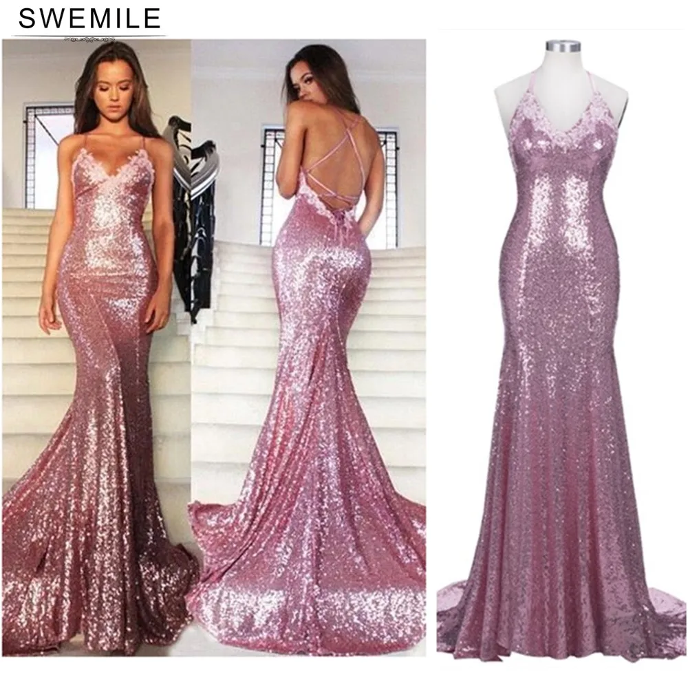 

Real Image Bling Rose Mermaid Prom Dresses Long Backless Evening Gowns Female Formal Evening Party Gown Robe De Soiree