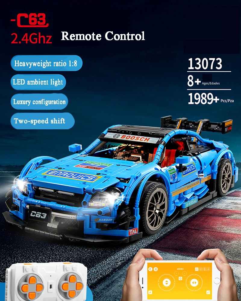13073 Technic Series MOC-6687 Blue Sport Racing Car Set With Battery Motor Building Blocks Bricks App Control Toys For Children