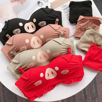 

New Women Cotton Underwear Printing Set Lovely Piggy Bra Set Sexy Seamless Comfortable 1/2 Lingerie Push Up Bra and Panties Set