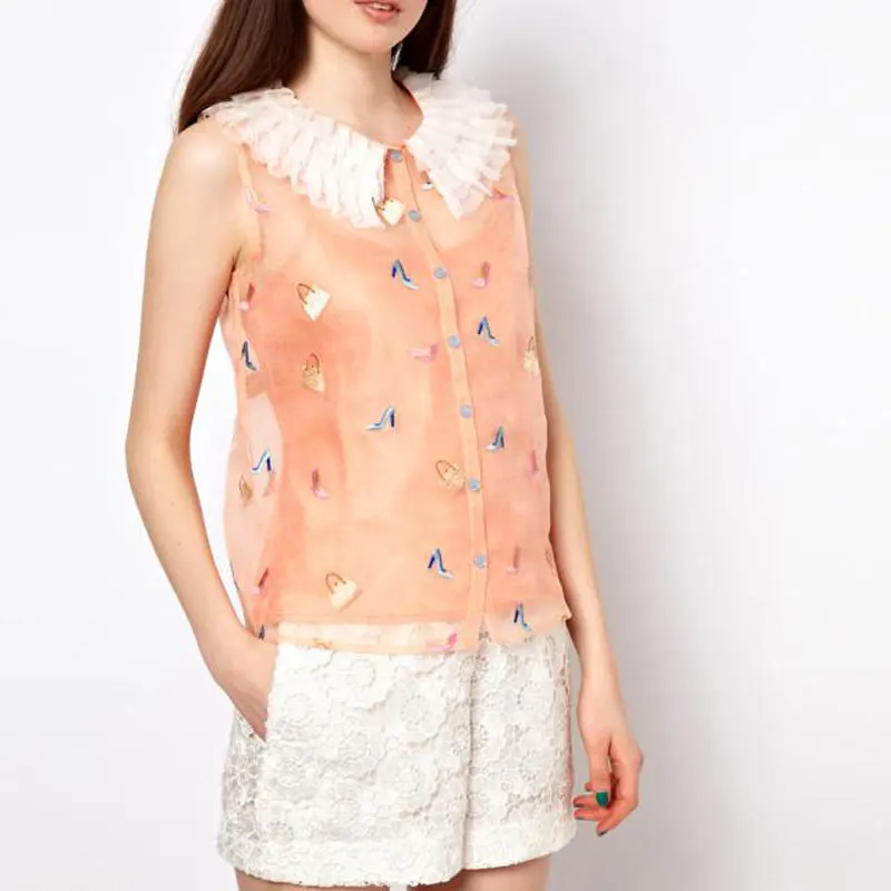Summer Princess Collar Sleeveless High Heels Embroidered Silk Collar Shirt Women