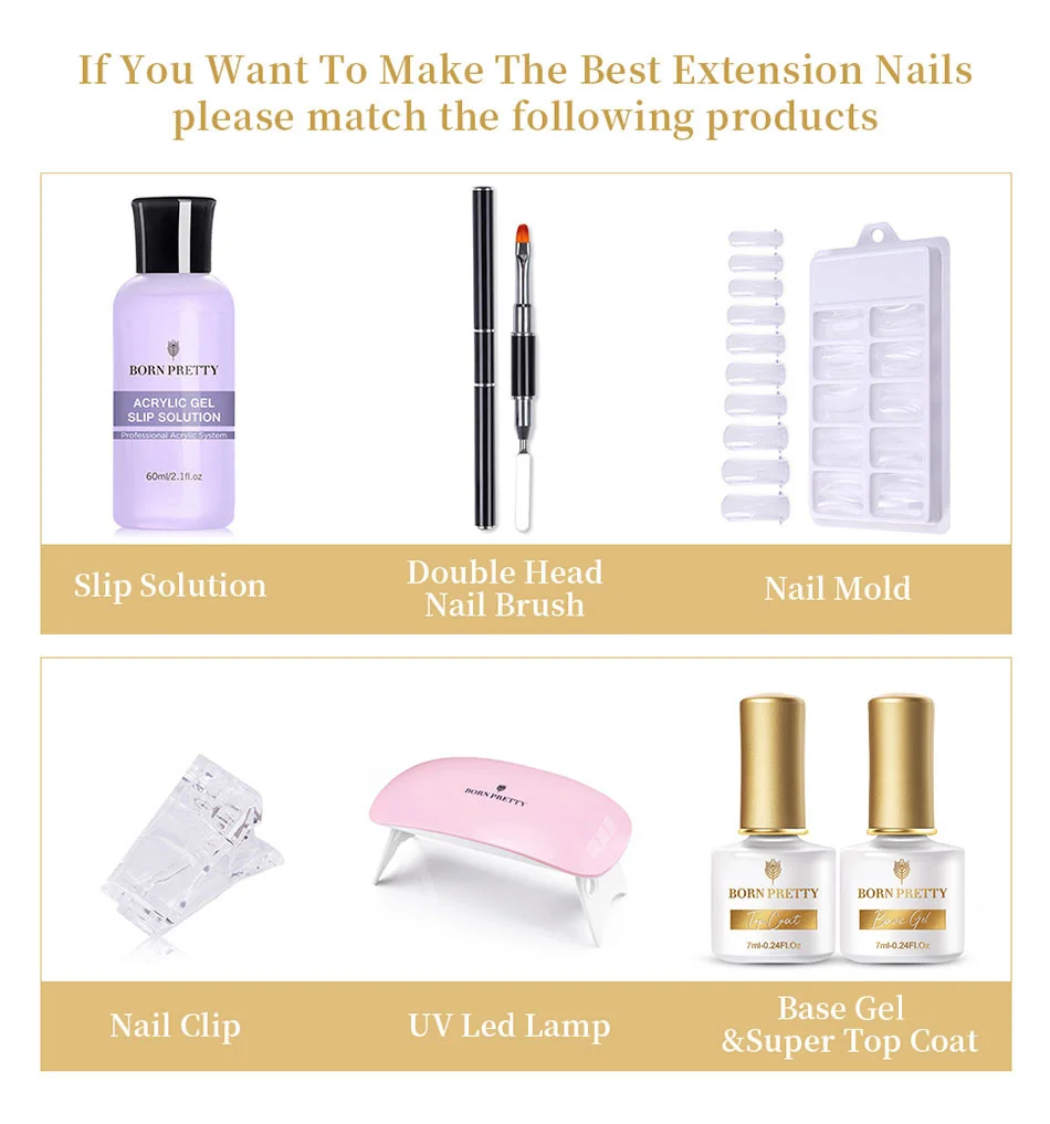 BORN PRETTY 30/20ml Glitter Acrylic Gel Finger Extension Silver Pink Extension Gel Soak Off Nail Art Gel Varnish