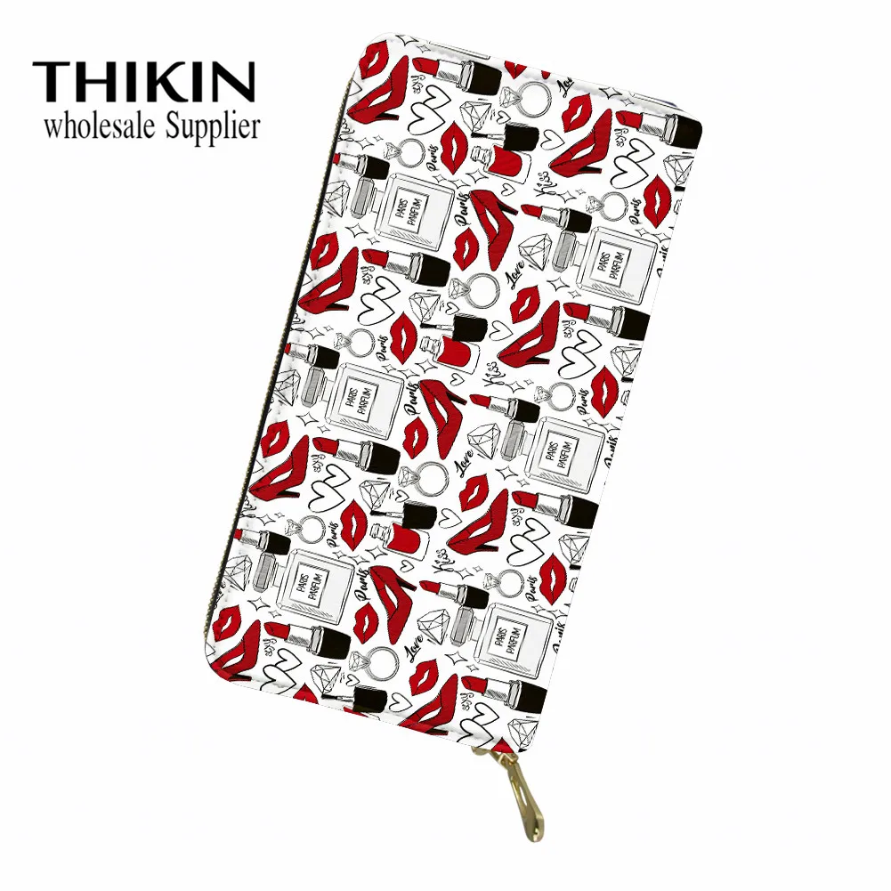 as picture THIKIN Lipstick High Heel Pattern Women Leather Wallet Cartoon Female Fashion PU Leather Coin Bag Zipper Travel Long Purse Bags - Цвет: as picture