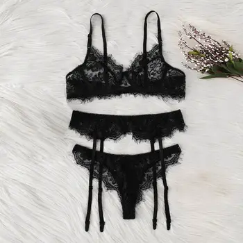 

Sexy Lingerie Set Lace Women's Underwear Net Yarn Perspective Top Bra +Panties+garter Belt Bikini Three-piece Thong Suit