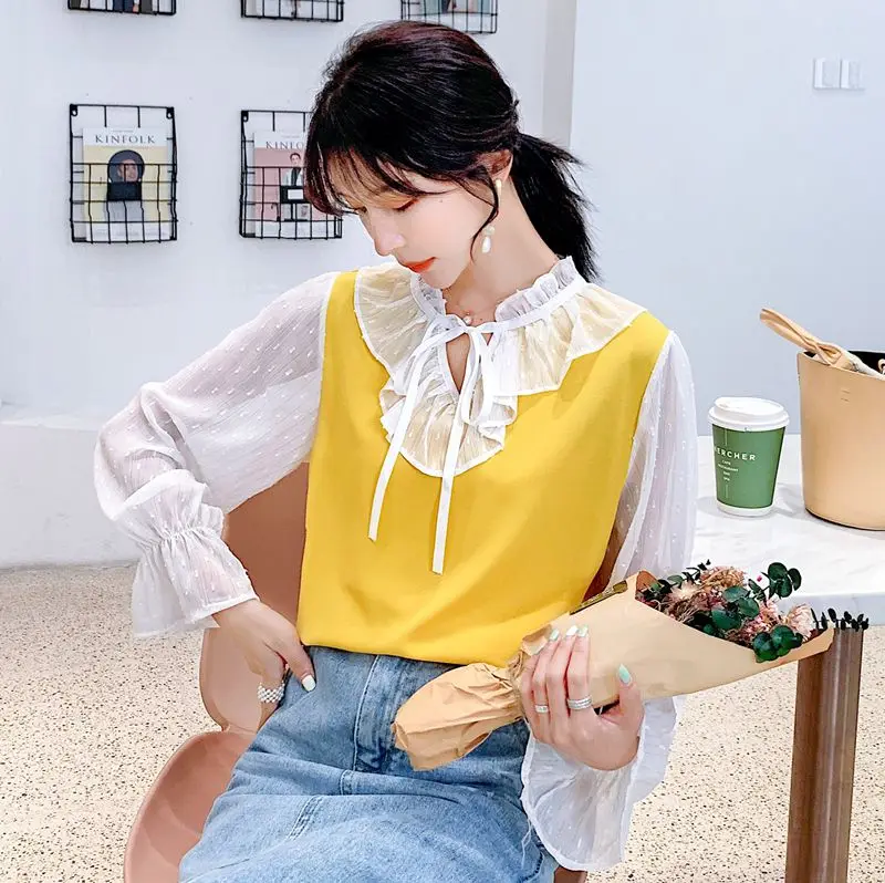 

COIGARSAM Casual Lace blouse women New Spring Full Sleeve Chiffon blusas womens tops and blouses Yellow 265
