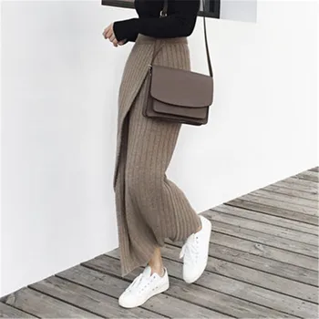 

2020 Autumn Winter Knitting Skirt High Waist OL Long Pencil Skirt Women Open Slit Knitted Casual Vintage Maxi Skirt
