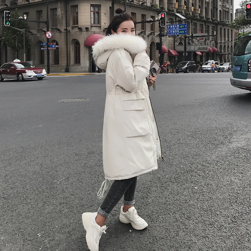 Зимняя женская куртка выше колена размера плюс, однотонная парка, воротник из искусственного меха, шапка, манто, Femme Hiver Bayan mon, теплое длинное пальто - Цвет: White