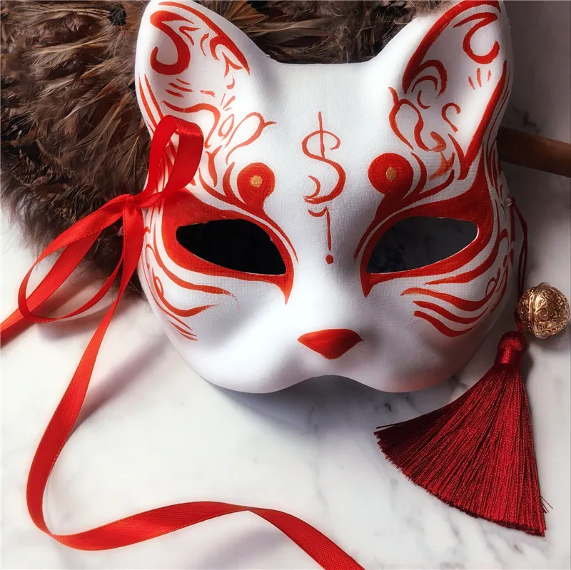Японские маскарадные маски ручной работы лисы стиль полный косплей с маской для лица кистями и маленькие колокольчики маскарадный праздничный костюм вечерние шоу