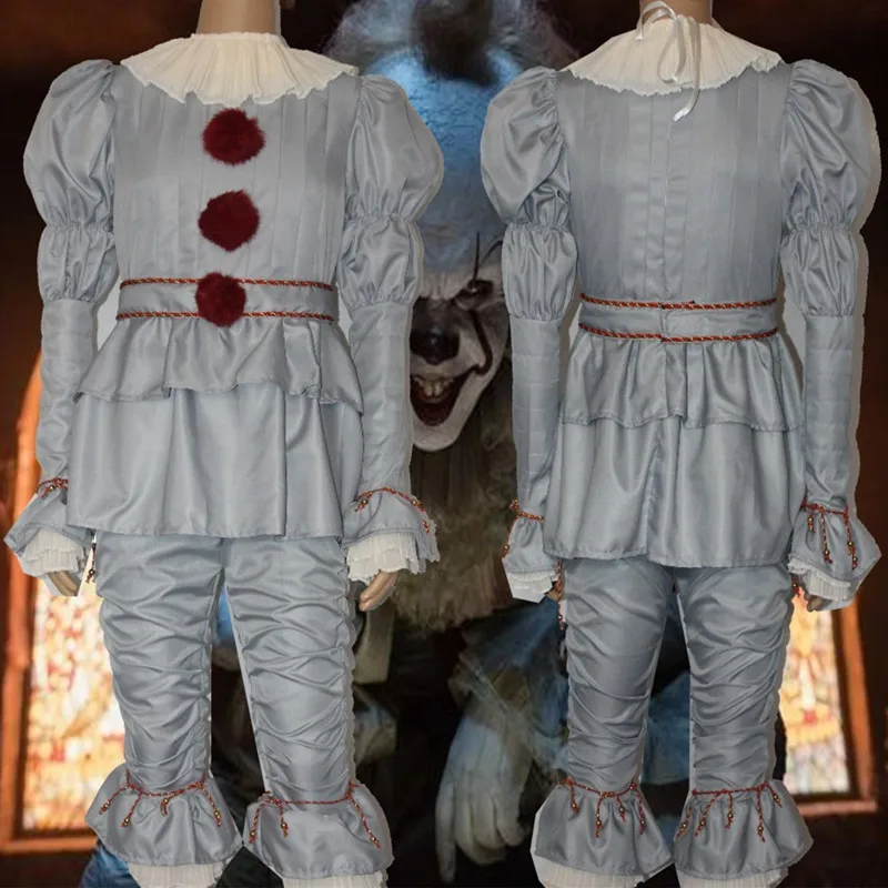 Костюм клоуна для косплея из двух частей, Костюмы Клоуна на Хэллоуин, перчатки, маска для взрослых и детей - Цвет: Light Grey
