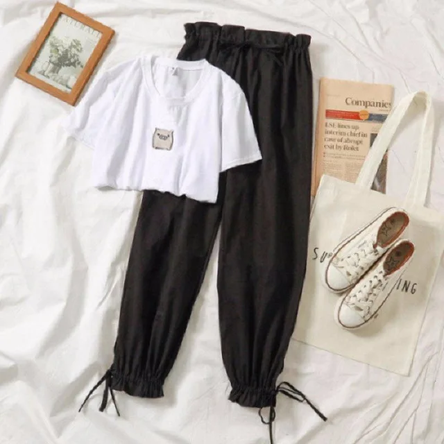 black pig set Женский летний комплект из двух предметов спортивный костюм одежда для женщин повседневный костюм-шаровары женские новые популярные футболки с короткими рукавами комплект из 2 предметов для студентов - Цвет: black pig set