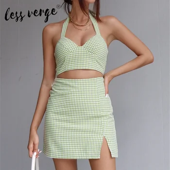 

Lessverge New Fashion Women Two-pieces Sets Plaid Crop Top Camisole Bra Tank Top Zipper Fly Mini Skirt Summer Sexy Street Sets