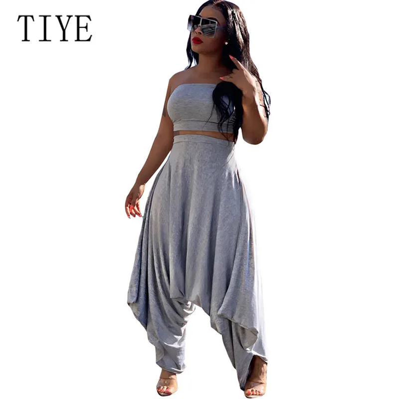 

TIYE Gray Skinny Strapless Tube Rompers Sleeveless Streetwear Jumpsuits Summer Elegant Loose Women Casual Playsuits 2 Pieces