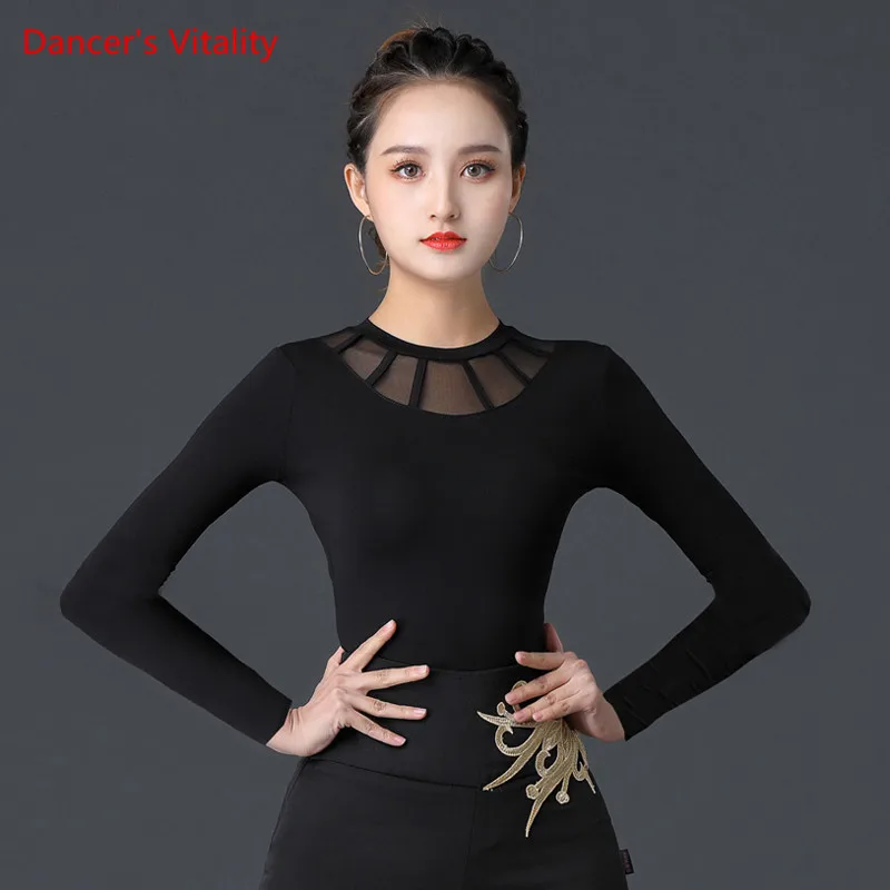 

Latin Dance Top Modal Round Neck Shirt Long Sleeve Practice Clothes Ballroom Dancewear Female Elegant Performance Clothing