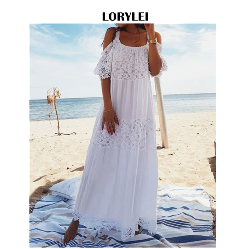 Женское длинное пляжное платье составного кроя белое хлопковое кружевное на