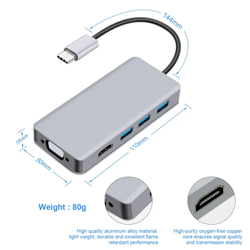 USB C концентратор USB 5 в 1 взаимный обмен данными между компьютером и периферийными устройствами с HDMI VGA Dual-Дисплей адаптер с USB 3,0*3 HDMI 4K VGA 1080P@ 60 Гц Thunderbolt 3 Тип C концентратор для Macbook