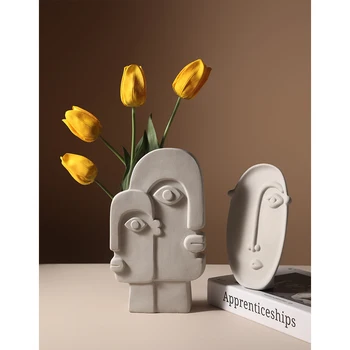 

European Ceramic Vase Creative Matte Abstracts Human Face Vases Round Square Head Decorative Ornaments Home Table Decoration