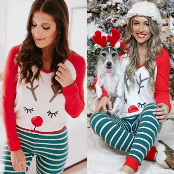 

Christmas Pajamas Round Neck Funny Printed Long Sleeve Women Striped Blouses Long Pants Women Two Piece Christmas Outfits
