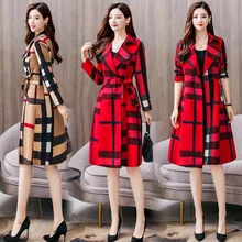 Клетчатое Модное Элегантное Трендовое женское платье средней длины осеннее пальто Тренч Женское пальто
