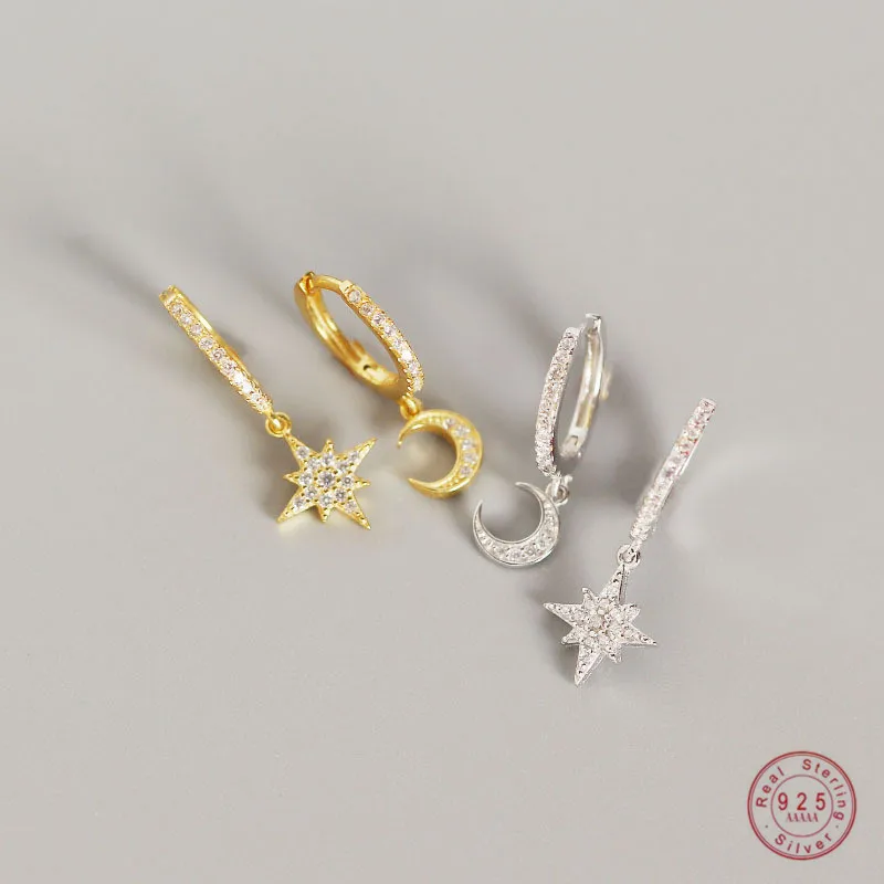 

925 Sterling Silver Latest Popular Stars Moon Pavé Zircon Stud Earrings For Women Simple Fashion Wedding Jewelry Accessories