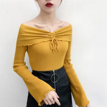 

Women Knit Pullover Sweaters Slim Ruched Off Shoulder Sweater Ladies New Fashion Flare Long Sleeve Solid Color Sweaters