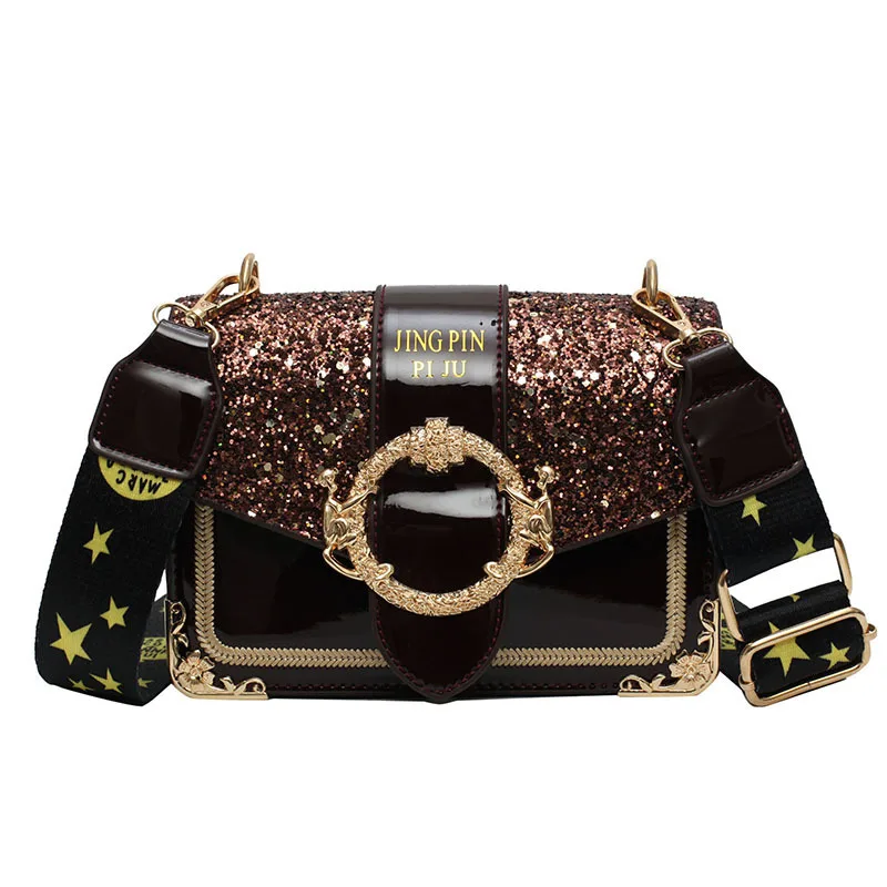 

2019 New pu Wide Shoulder Strap Bright Crystal Messenger Bag