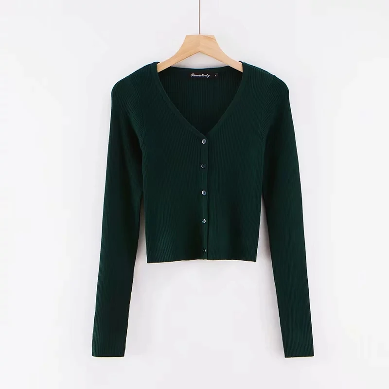 darkgreen Для женщин по фигуре с v-образным вырезом ребра Укороченный кардиган на пуговицах ТРИКОТАЖНЫЙ УКОРОЧЕННЫЙ ТОП - Цвет: darkgreen