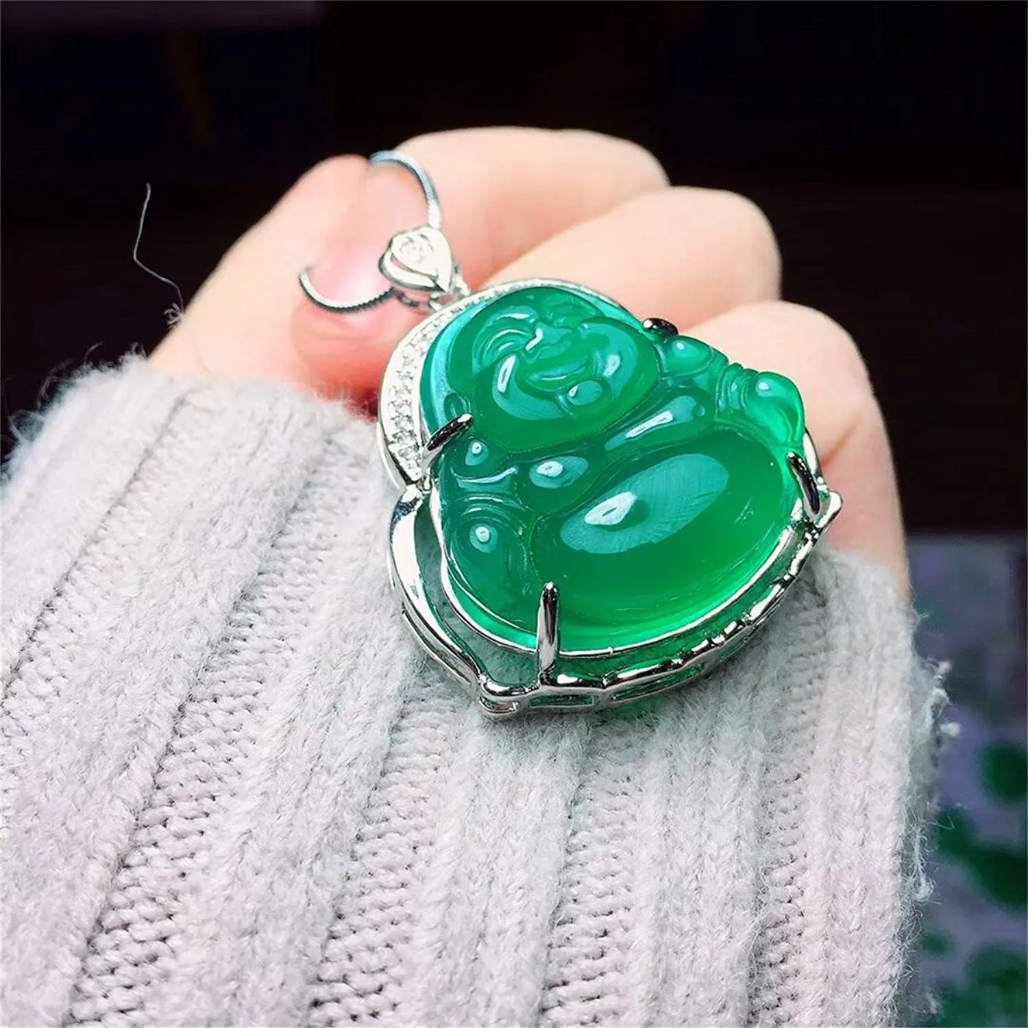 LETSFUN Fine Jewelry 925 пробы Серебряный инкрустированный зеленый нефрит кулон