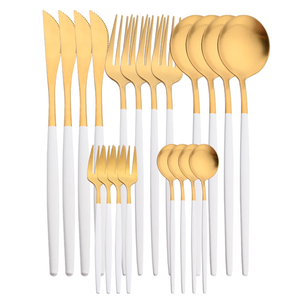 4/20Pcs Dinnerware Matte White Gold Cutlery Set Stainless Steel Flatware Set Knife Fork Spoon Wedding Kitchen Silverware