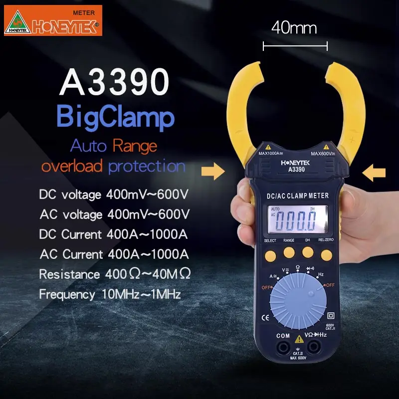 A3390 цифровой токоизмерительный мультиметр автоматический диапазон напряжения 400 мВ~ 600 в ток 400а~ 1000А с мешком проводов для тестера
