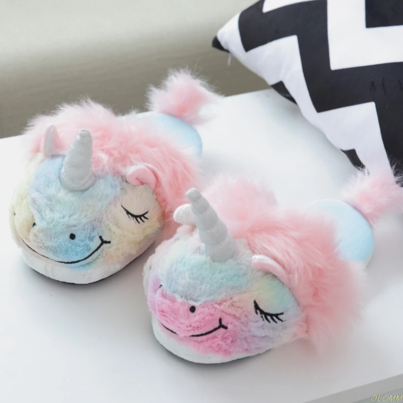 

Women unicorn slippers 2019 fashion Appliques house slippers for girls plush lovely cheap fur slippers bedroom