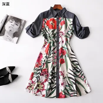 

New women s spring 221951 lapel single breasted 7 minutes of sleeve printed long splicing dress