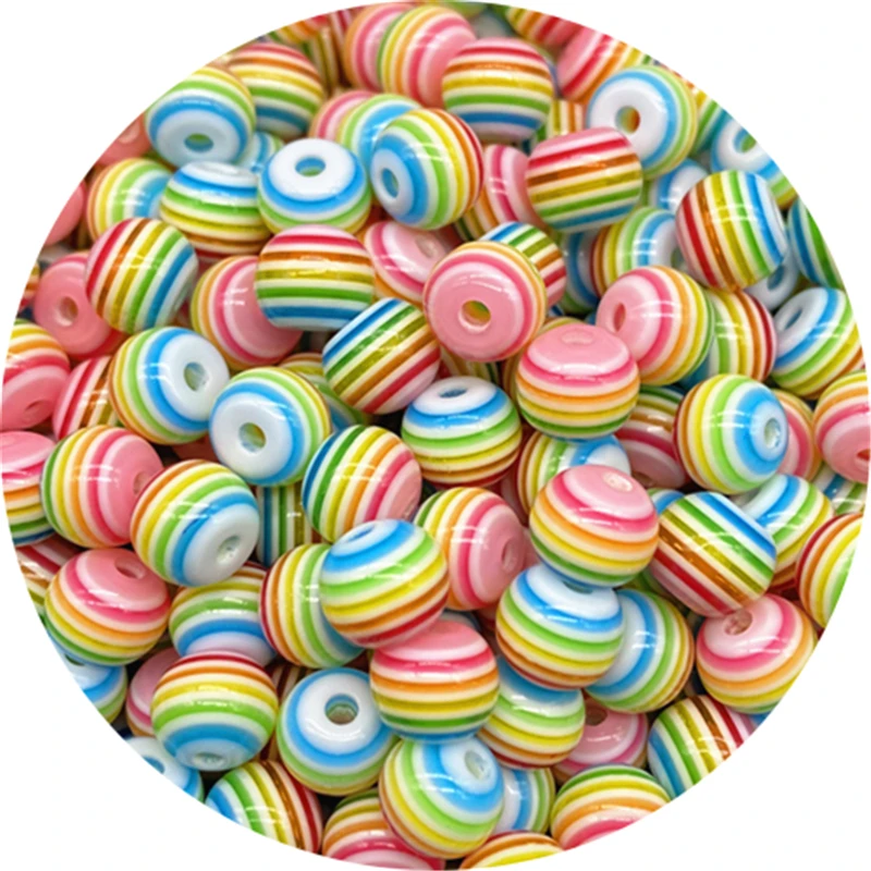 Resin Beads 8mm Round Rainbow Stripe Loose Spacer For Jewelry Making DIY 50pcs