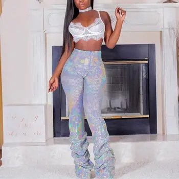 

Sequined High Waist Shining Wide Leg Pants Solid Women Sparkly Trends Slim Fit Night Out Club Trousers