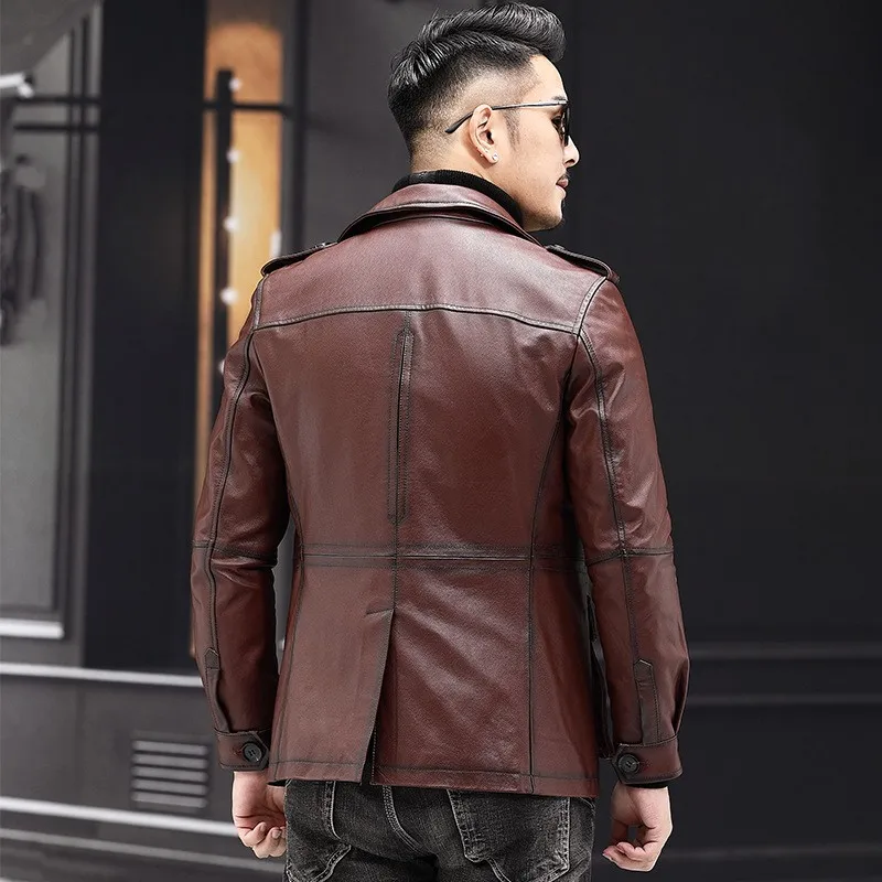 Autumn Winter Short Genuine Leather Jackets Mens New Cowhide Slim Casual Coat Turn-Down Collar Single Breasted Outerwear long sheepskin coat