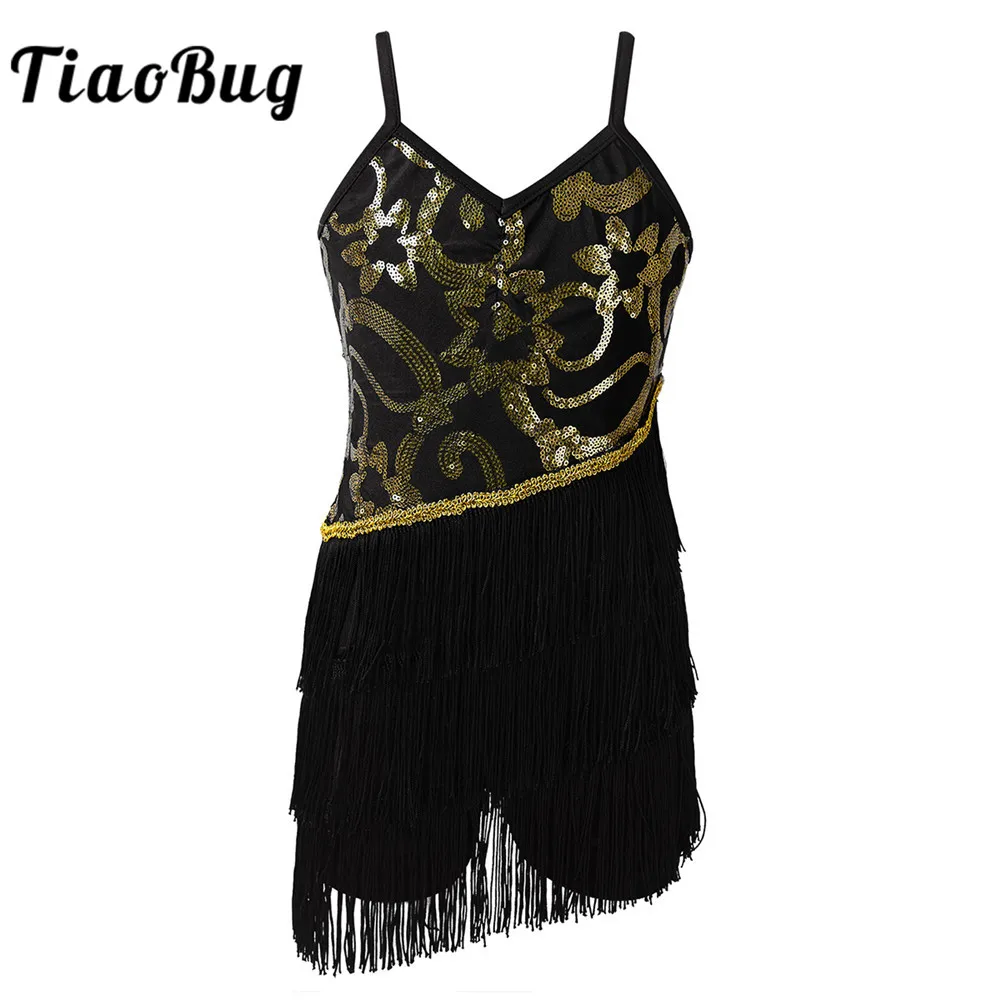 Kids Girls Sparkly Sequins Spaghetti Straps Figure Skating Latin Dance