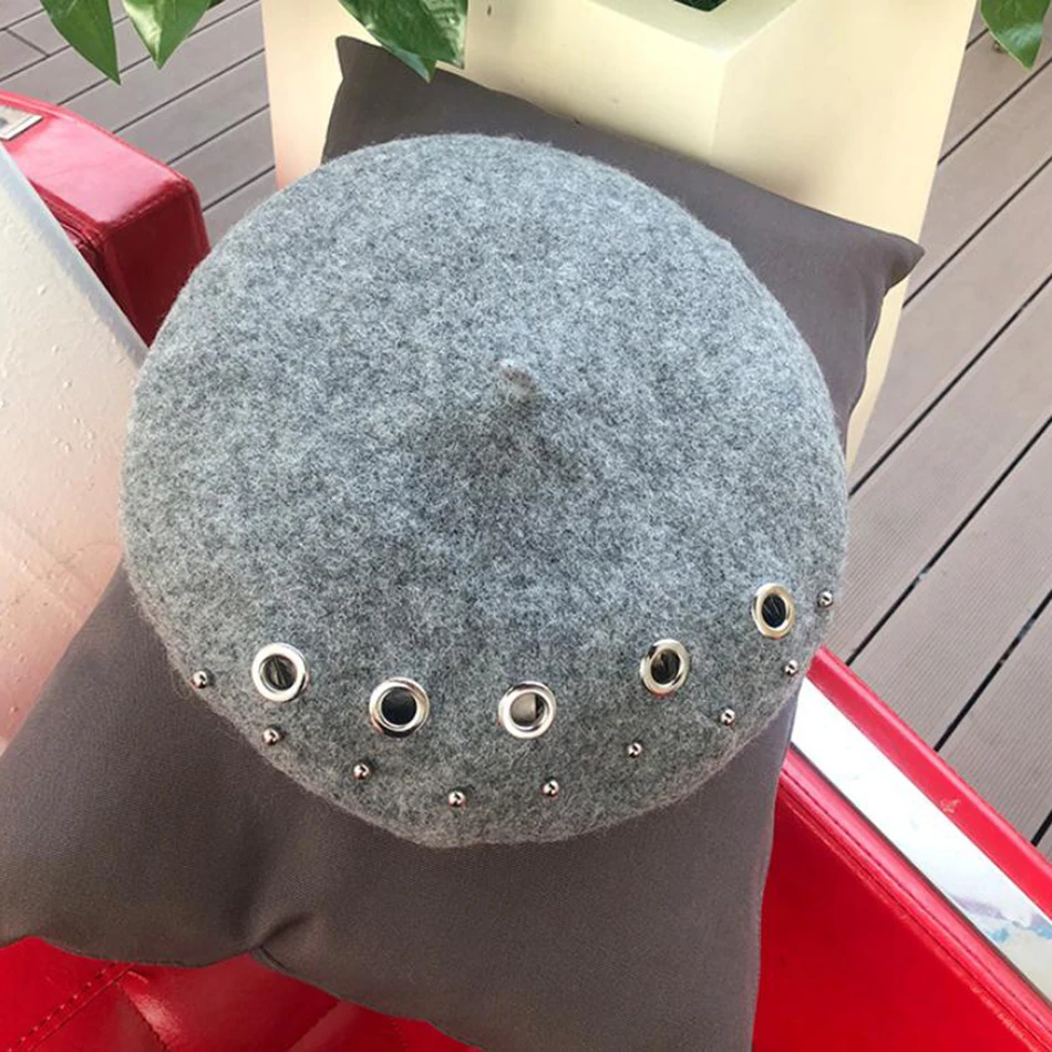 gray beret BUTTERMERE Зимние береты женские черные шерстяные плоские кепки s дамские заклепки отверстие капот британская Кепка художника Женская мода французская шляпа берет - Цвет: gray beret